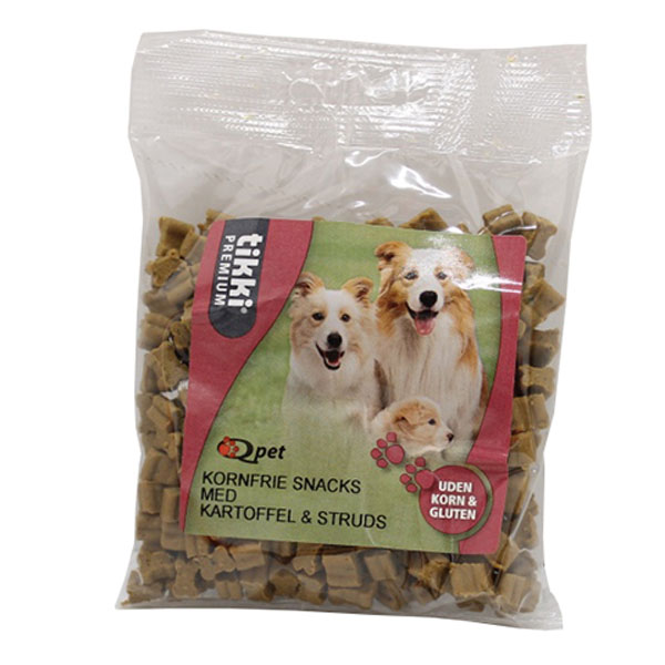 Kornfrie hundegodbidder med struds - 150g fra TIKKI